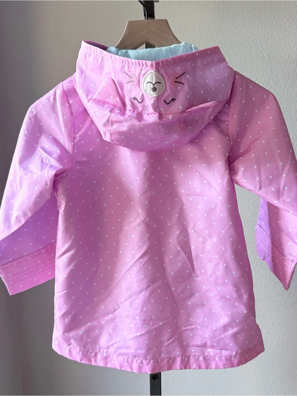 London Fog girls pink polka dot rain jacket with cat face/ears hood size 5/6